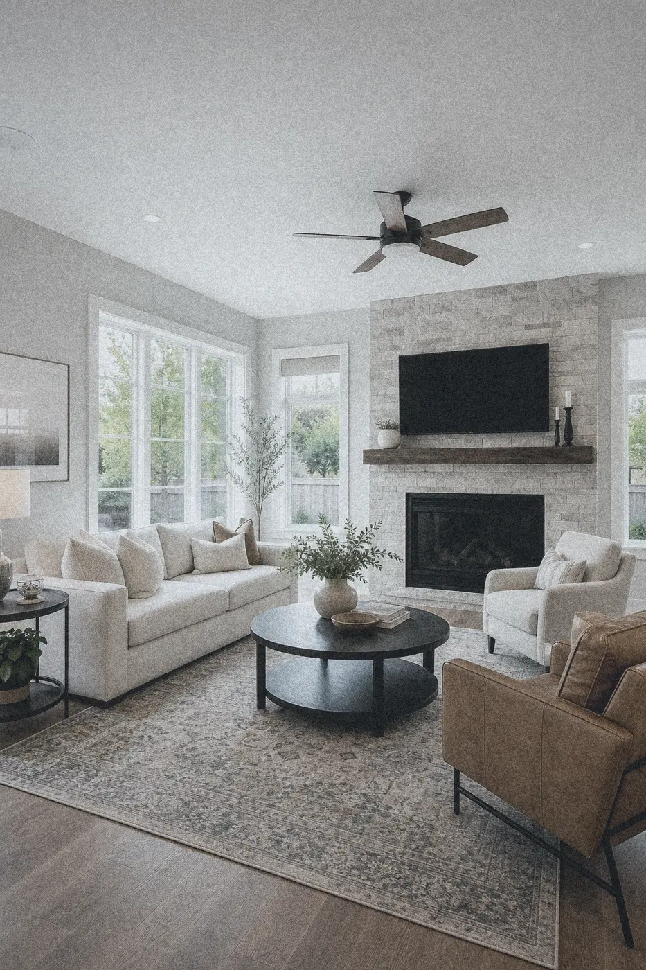 Living room interior styled with the Street 35mm film look for real estate listings